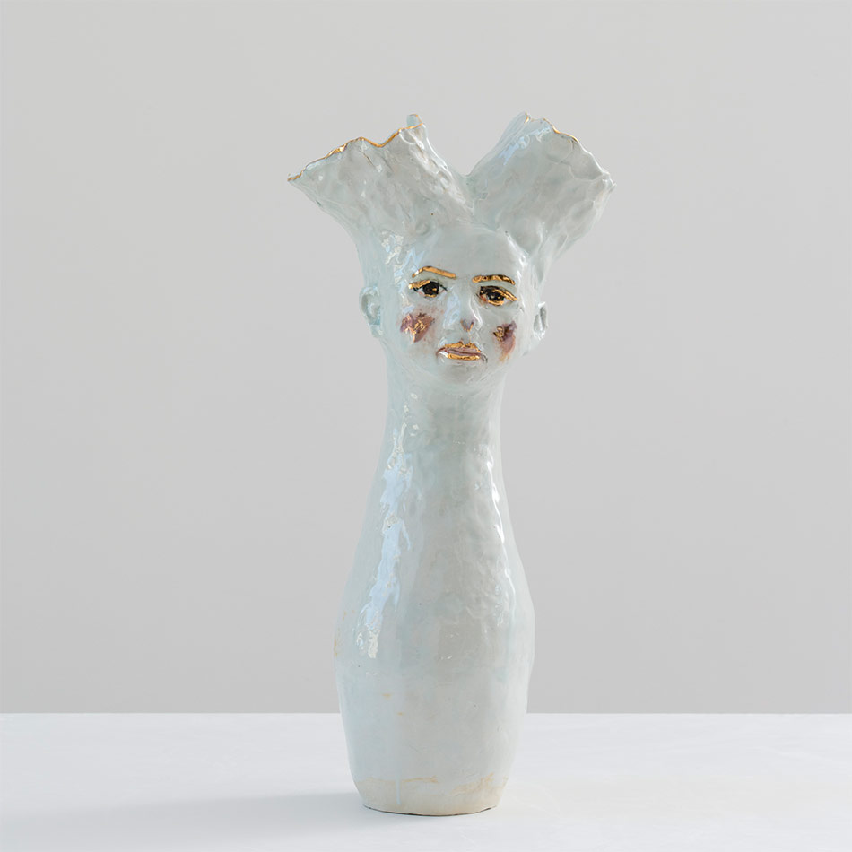 Light Blue Portrait Vessel With Gold Luster